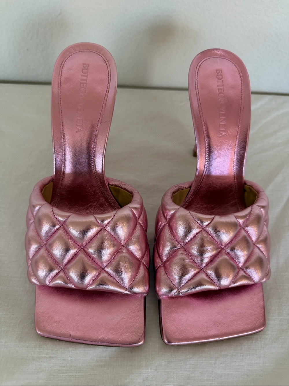 Bottega Veneta Metallic Pink Quilted Leather Slide Sandals